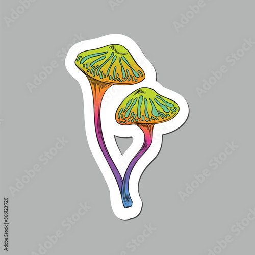 Colorful fairy mushrooms, purple and green sketch vector illustration isolated on gray background.