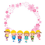 友達と走ってくる可愛い小学生の子供たち　桜の花びら　フレーム　コピースペース　テンプレート　輪　円形