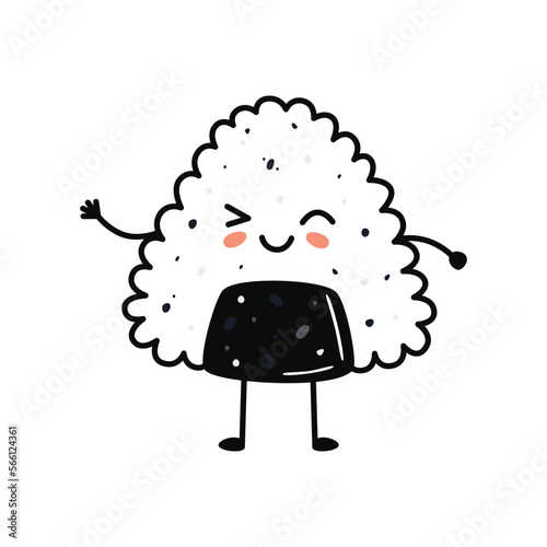 Kawaii sushi mascot in cartoon style. Cute onigiri with salmon for menu