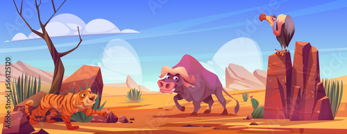 Cartoon African wild animals on savannah background. Vector illustration of tiger hunting, griffon sitting on rocky stone and buffalo in natural environment or safari park. Exotic zoo inhabitants