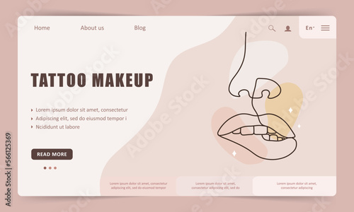 Tattoo makeup salon. Landing page template. Permanent on lip. Linear female lips on colored spots. Hand drawn outline woman face. Abstract vector illustration in one line style.