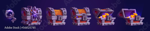 Treasure chest open with gold coins, locked with chain and padlock and key. Game icon of rare loot with ancient wooden trunk with glowing golden money, vector cartoon set isolated on background