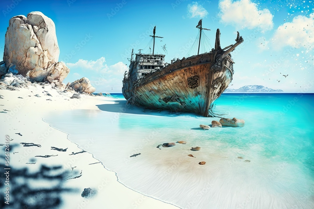 Shipwreck White Sand Blue Water Ocean Computer Background Wallpaper. Generative AI.