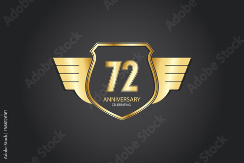 72 years anniversary logotype 3D golden stylized modern shape winged shield on black background
