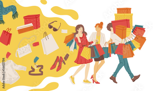 Fashionista or shopaholic characters during sales, vector illustration isolated. photo