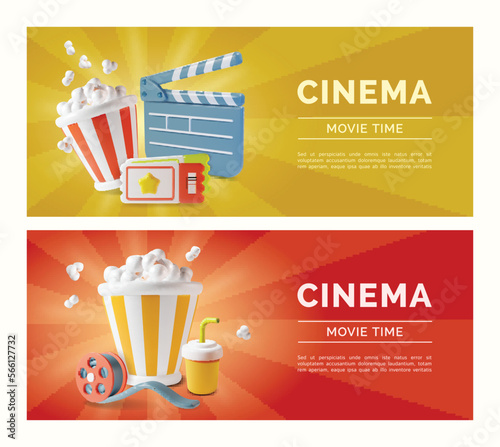3d Cinema Movie Time Ads Horizontal Banner Concept Poster Card Set Plasticine Cartoon Style. Vector illustration