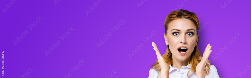 Wow. Face portrait image excited surprised, shocked happy business woman with wide open mouth and eyes, raised up hands. Unbelievable sales offers, incredible, win shock expression concept. Purple Wow. Face portrait image excited surprised, shocked happy business woman with wide open mouth and eyes, raised up hands. Unbelievable sales offers, incredible, win shock expression concept. Purple