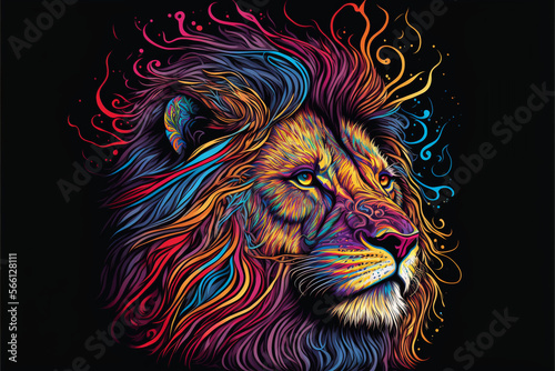 Colorful Lion in a psychedelic style background  Rainbow Lion fantasy  Neon Lion  generative ai.