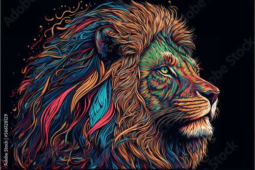 Colorful Lion in a psychedelic style background  Rainbow Lion fantasy  Neon Lion  generative ai.