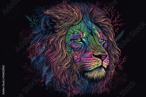 Colorful Lion in a psychedelic style background  Rainbow Lion fantasy  Neon Lion  generative ai.