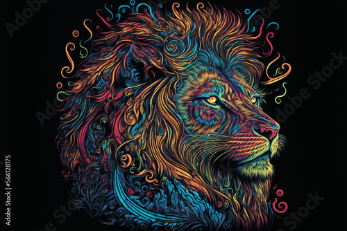 Colorful Lion in a psychedelic style background, Rainbow Lion fantasy, Neon Lion, generative ai. © Asman