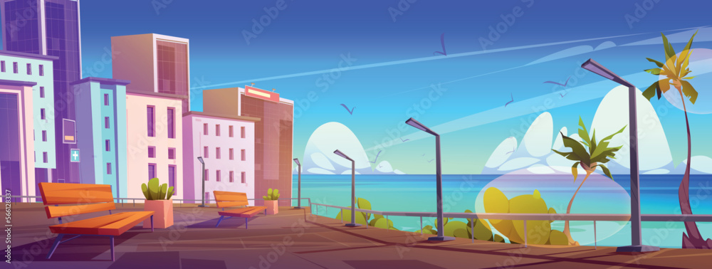 City street with buildings and embankment. Urban landscape of tropical seafront with benches, lanterns, fence and palm trees. Town houses and promenade, vector cartoon illustration