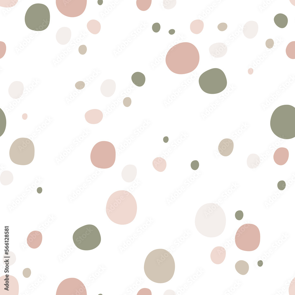 Baby seamless pattern with hand drawn polka dots. Cute naive unique pattern. Funny kids confetti print for clothing, interior decoration, scrapbooking. Dots in pastel colors.