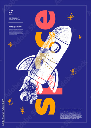 Space, rocket. Poster design. Vector illustrations. Typography. Vintage engraving style. Background images for cover, banner, poster. T-shirt print.
