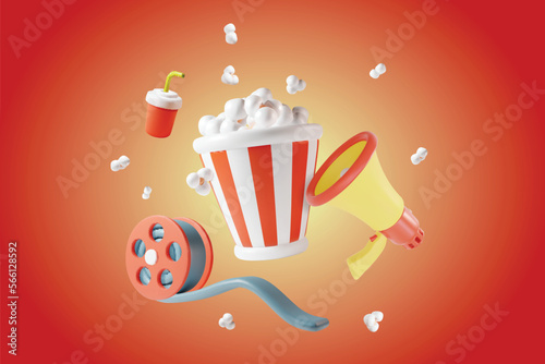 3d Cinematography Elements Set Concept Plasticine Cartoon Style on a Red Background. Vector illustration of Megaphone, Film Reel and Popcorn Bucket