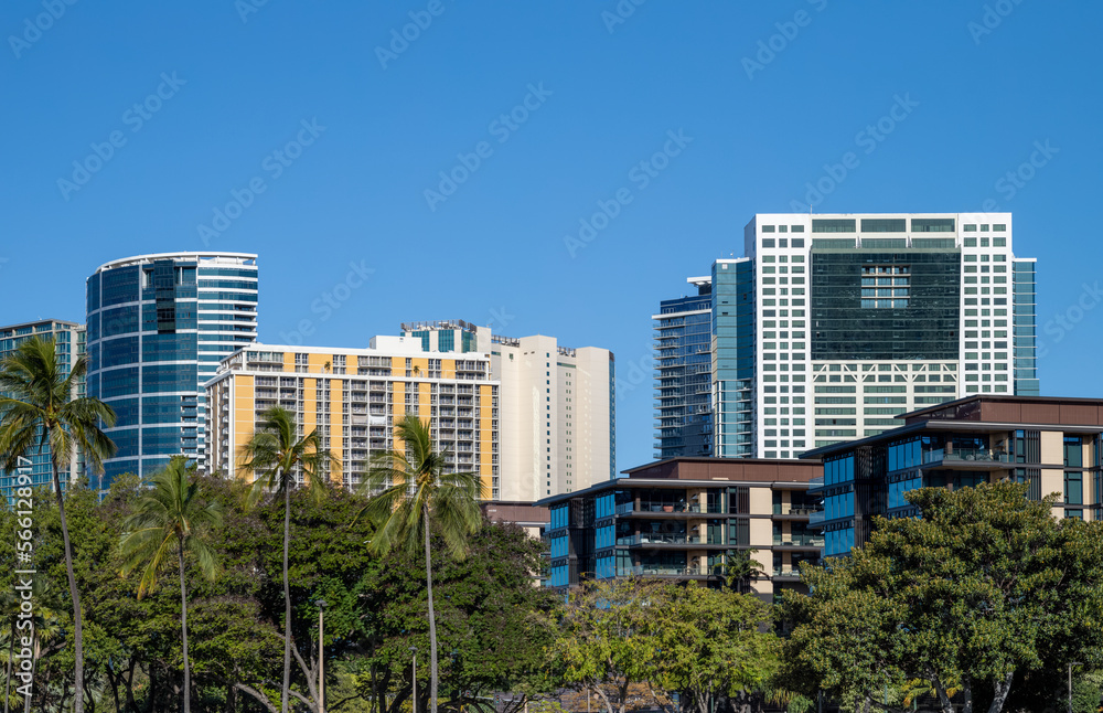 Crowded Urban Residential District with Palm Trees and Blue Sky.