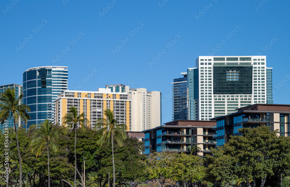 Crowded Urban Residential District with Palm Trees and Blue Sky. Crowded Urban Residential District with Palm Trees and Blue Sky.