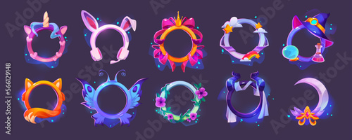 Game avatar frames with fantasy borders with animal ears, tails and wings, devil and unicorn horns, witch hat, royal crown, flowers and moon, vector cartoon set
