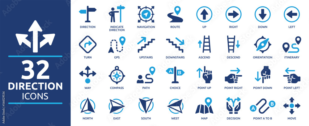 Direction icon set. Containing route, itinerary, compass, arrow symbol, path, way, pointing direction and map icons. Solid icon collection. - obrazy, fototapety, plakaty 