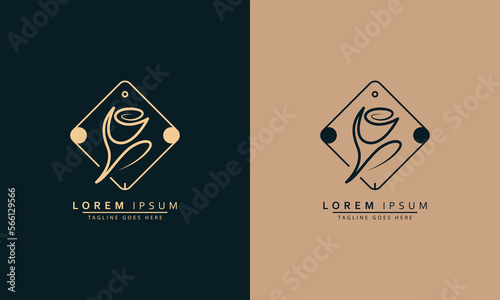 Blooming rose flower logo emblem design template vector illustration in minimal line art style. Linear silhouette for natural cosmetics logotype or florist brand insignia