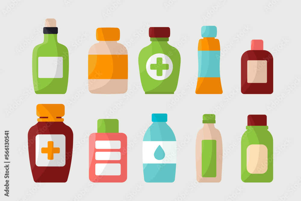 Set of Medicine Bottles with labels. Vector illustration in flat style. Set of Medicine Bottles with labels. Vector illustration in flat style.