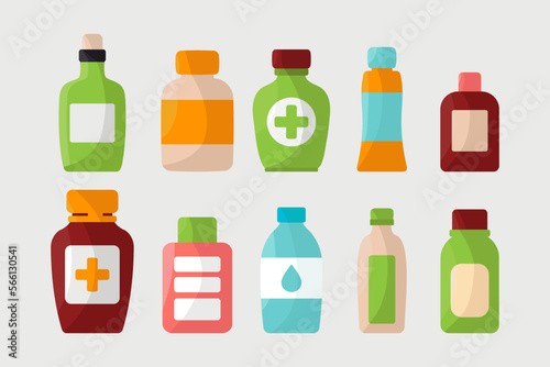 Set of Medicine Bottles with labels. Vector illustration in flat style.