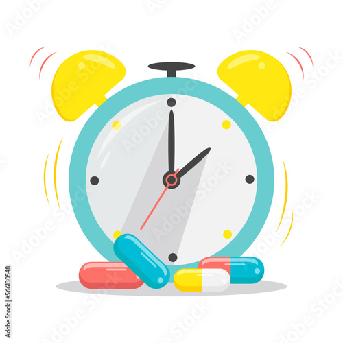 Time to take Medication dose. Alarm clock with Pills. Concept of Medication course. Vector illustration.