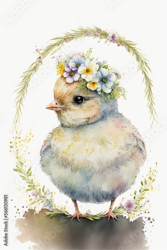 Gorgeous watercolor drawing of a baby chick with a flower crown on a white background