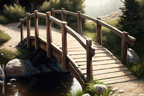 Rustic wooden bridge over a river