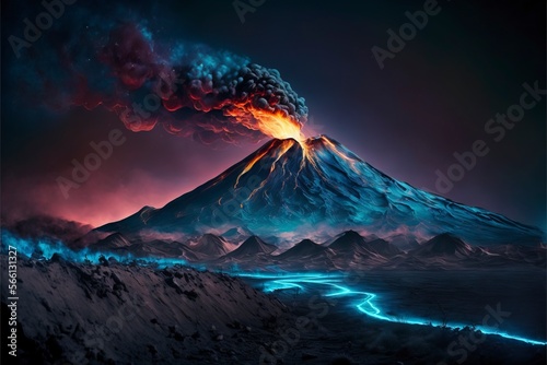 Mountain erupts bioluminescent magma, billowing smoke speckled with bioluminescent ash with Generative AI