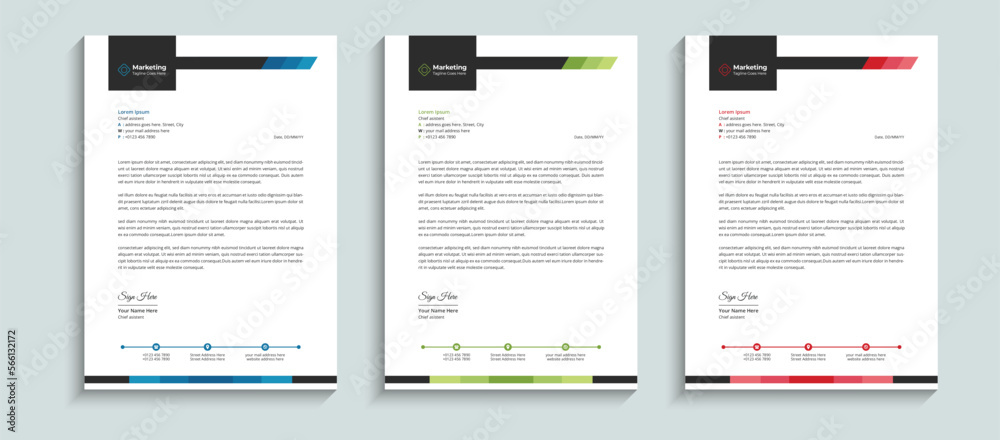 Modern Minimal and Clean Creative business letterhead design template. Abstract Professional business letterhead and brand stationary identity cover layout template with red, blue, and green colors.