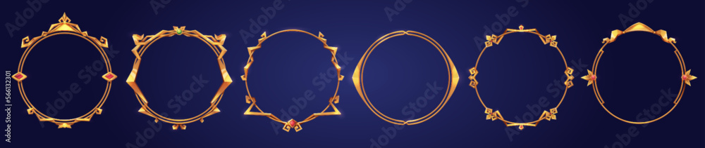 Empty circle golden frames in medieval style for game ui design. Vector cartoon set of user interface elements with gold metal thin border, decorated with gems isolated on background - obrazy, fototapety, plakaty 