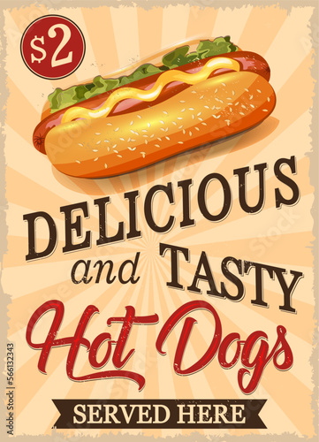 Vintage Delicious and Tasty Hot Dogs poster.