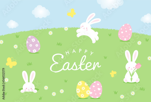 easter vector background with bunny, eggs and flowers for banners, cards, flyers, social media wallpapers, etc.