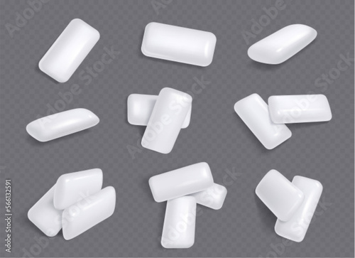 White chewing gums, mint candies for fresh breath. Piles of sweet menthol bubble gum pads, chewy candies isolated on transparent background, vector realistic illustration