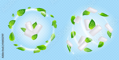 Swirls of chewing gums and mint leaves flying on wind. Concept of fresh breath, menthol flavor, dental health. Sweet bubblegums flying with green leaves, vector realistic illustration