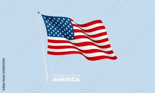 United States of America flag waving at the flagpole. Vector 3D
