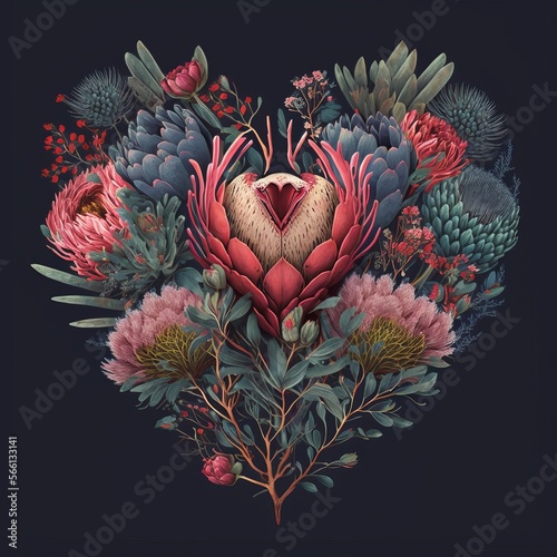 Fotografia Australian natives flowers, Botanical illustration with heart, Valentine's Day,