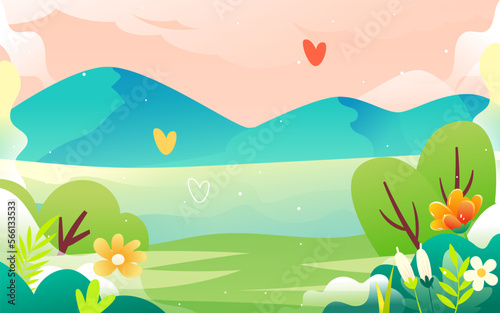 Valentines day couple on date  background with hearts and flowers  vector illustration