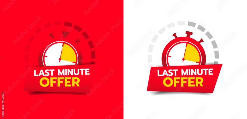 last minute offer button and alarm clock on red and white background. last minute offer button and alarm clock on red and white background.