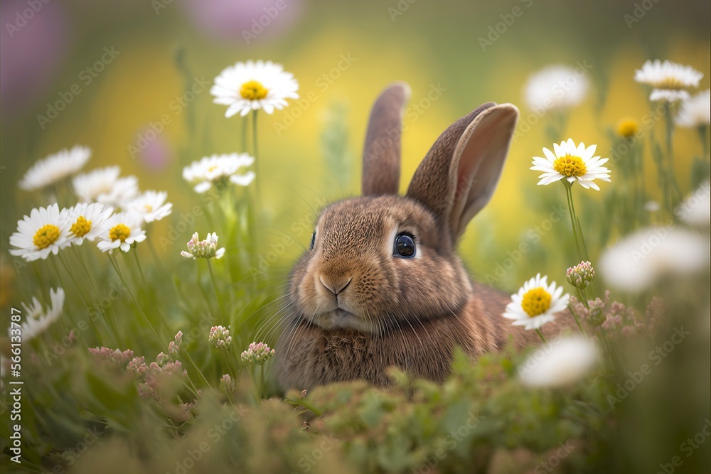 A rabbit on a meadow of wildflowers with Generative AI 