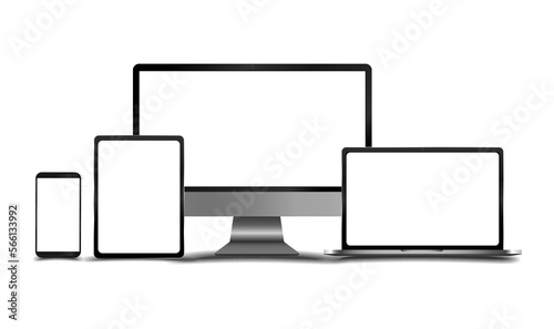 Smartphone, monitor, laptop, tablet modern mockups with blank frameless screens on white background vector design.