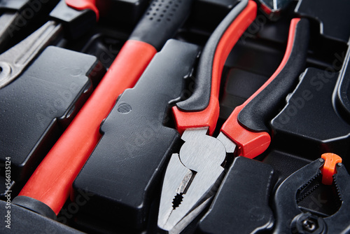 Toolbox with hand instruments for repair, close up. Set of tools for maintenance