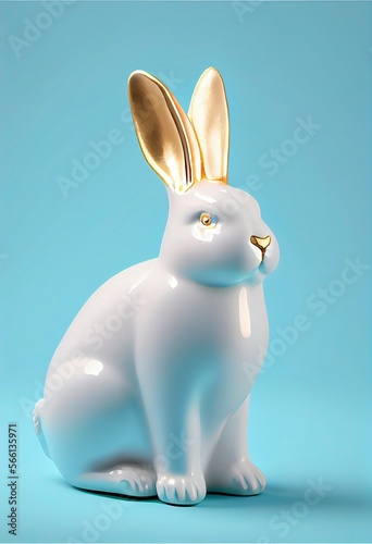 illustration with Easter cute white ceramic rabbit, gold foil decoration with Generative AI