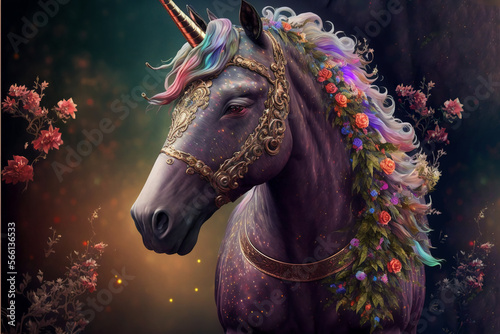 Elegant head of the unicorn with a long mane whit flowers, generative ai.