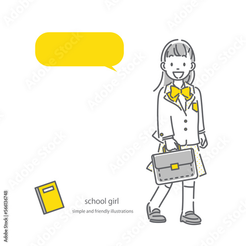 明るくポジティブな女子高校生　全身　シンプルでお洒落な線画イラスト