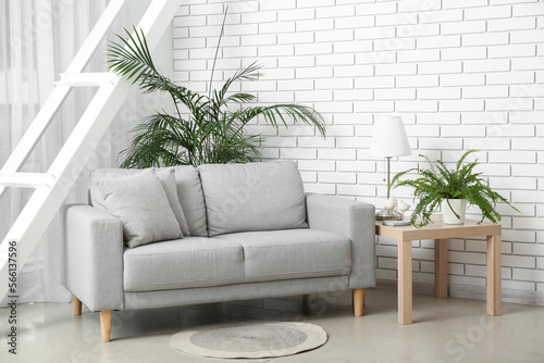 Table with lamp, houseplants and grey sofa in light living room
