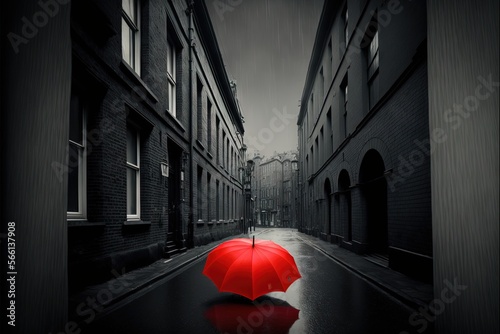  a person walking down a street holding a red umbrella in the rain in a dark alleyway with brick buildings on either side of the street.  generative ai