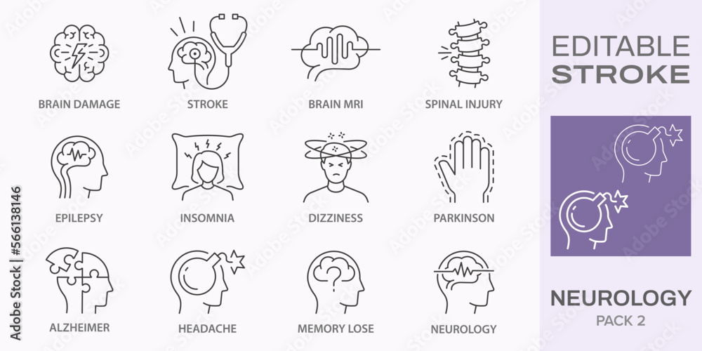 Neurology icons, such as alzheimer, parkinson, insomnia, brain mri and more. Editable stroke.