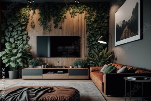 Transform Your Living Room with a Modern Interior Design Featuring Wood and Trezzo Walls Generative AI photo